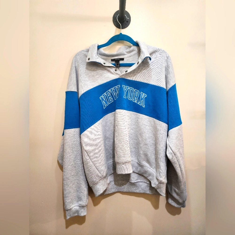Forever 21 Heathered gray and blue New York drop shoulder collared sweater L